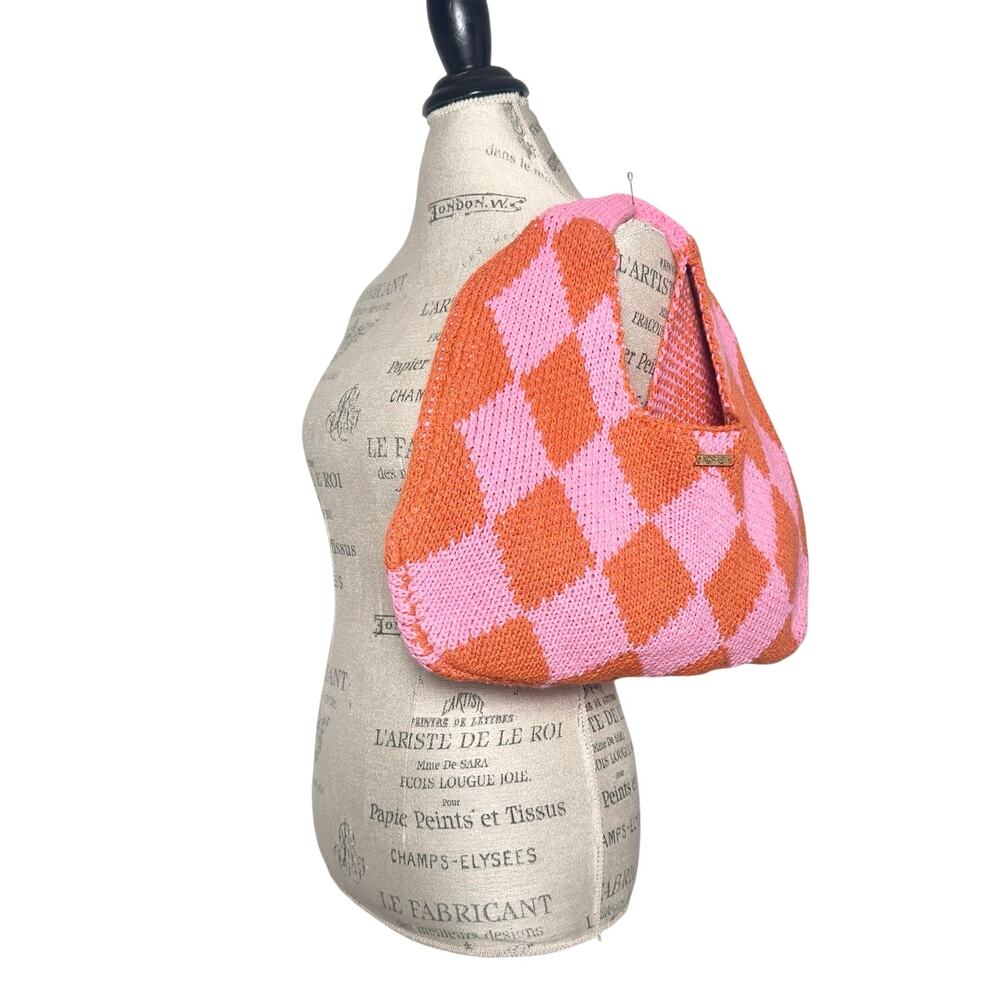 Kopari | Women | Pink Orange Retro Diamond Argyle Crochet Knit Circle Handbag